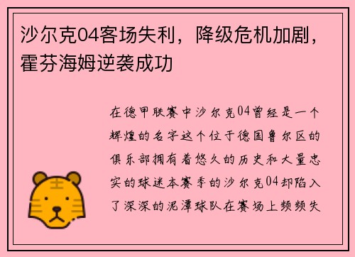 沙尔克04客场失利，降级危机加剧，霍芬海姆逆袭成功